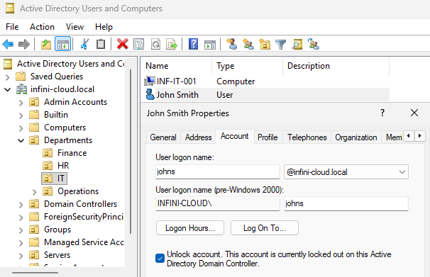 John Smith ADUC Account tab showing Unlock account checkbox