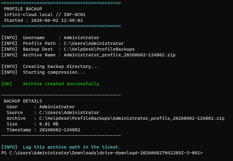 backup-profile.ps1 terminal output showing successful archive creation