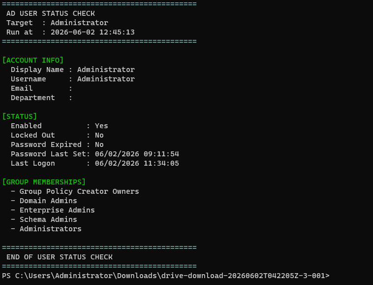 check-user-status.ps1 terminal output showing account status and group memberships