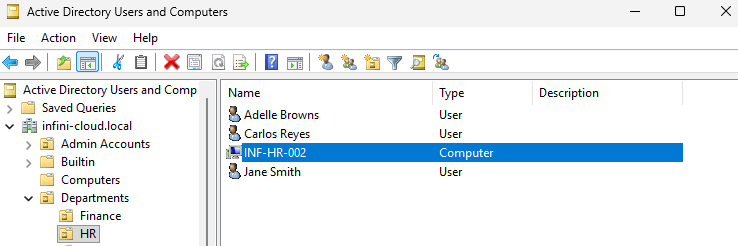 ADUC HR OU with INF-HR-002 computer object confirmed