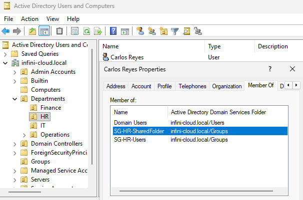 Carlos Reyes Member Of tab showing SG-HR-SharedFolder assigned