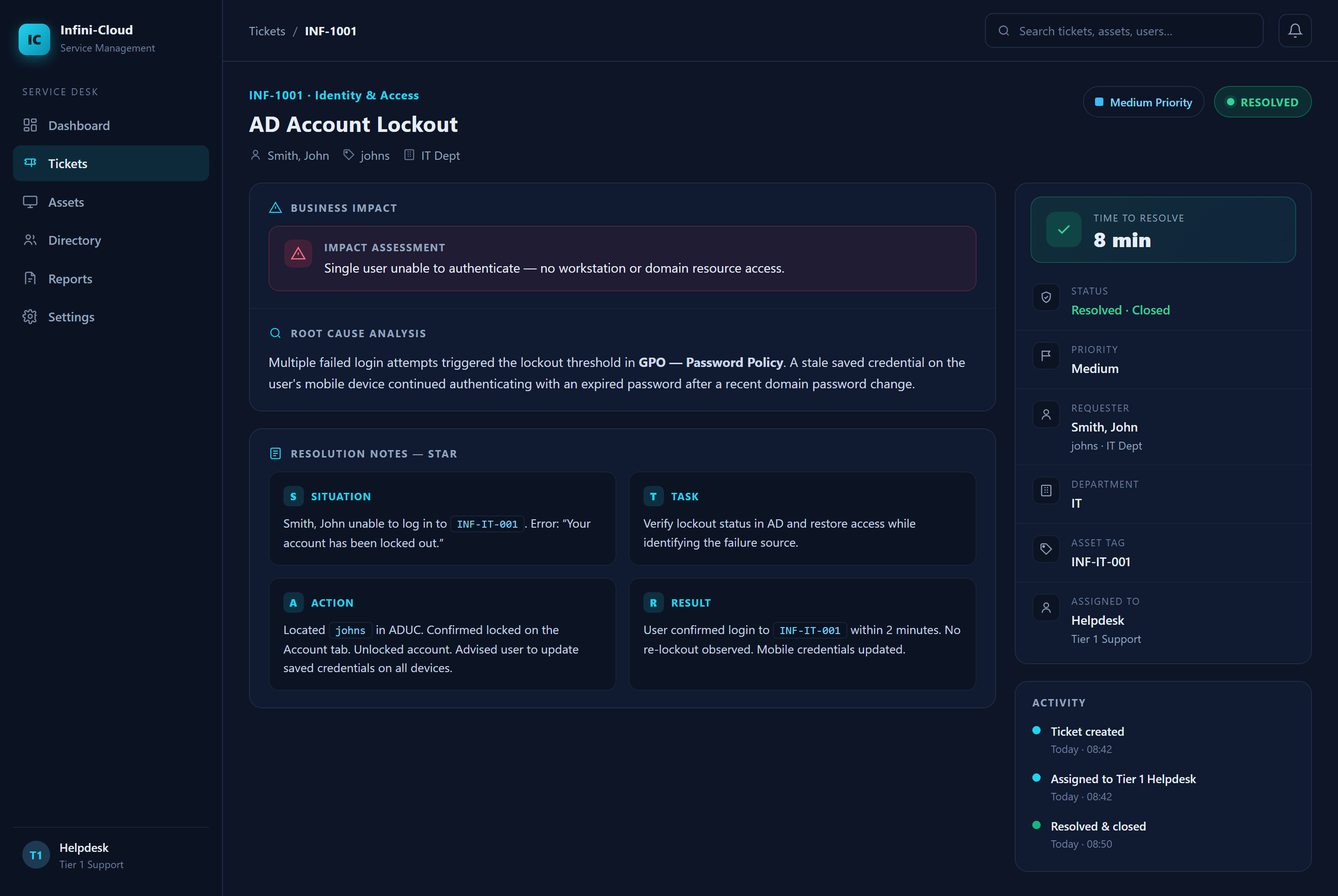 INF-1001 AD Account Lockout resolved ticket