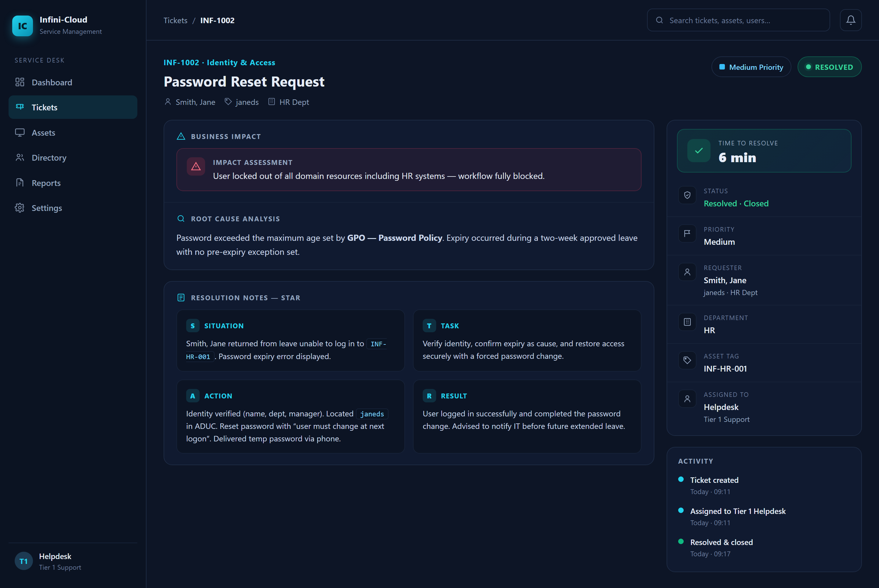 INF-1002 Password Reset resolved ticket