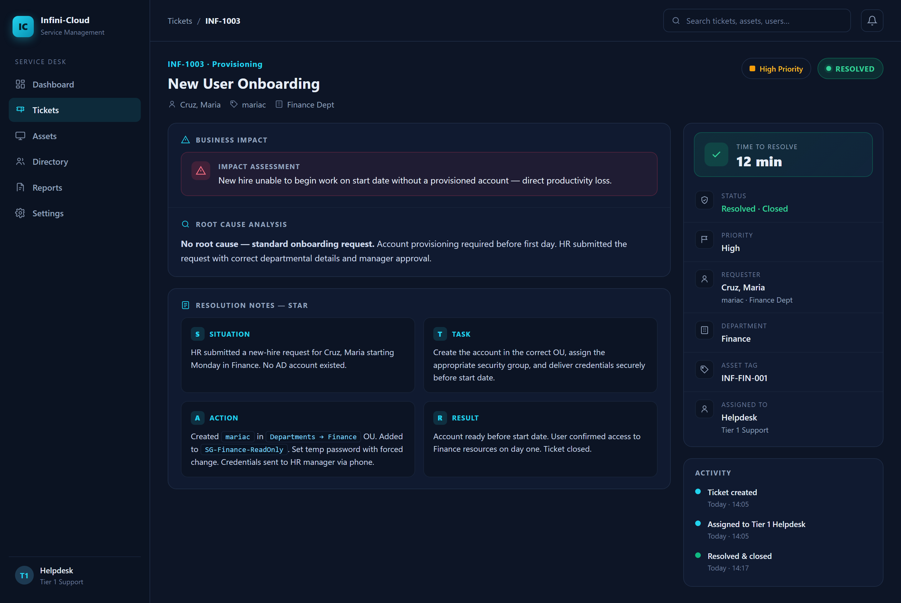 INF-1003 New User Onboarding resolved ticket