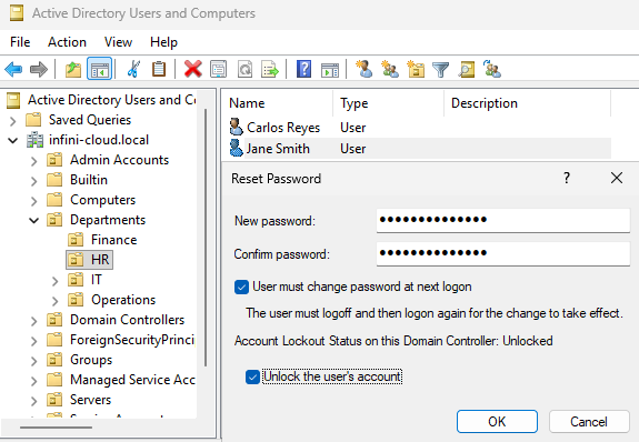 Reset Password dialog with must-change-at-next-logon checked for Jane Smith