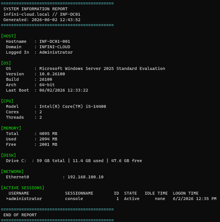 collect-system-info.ps1 full terminal output on INF-DC01